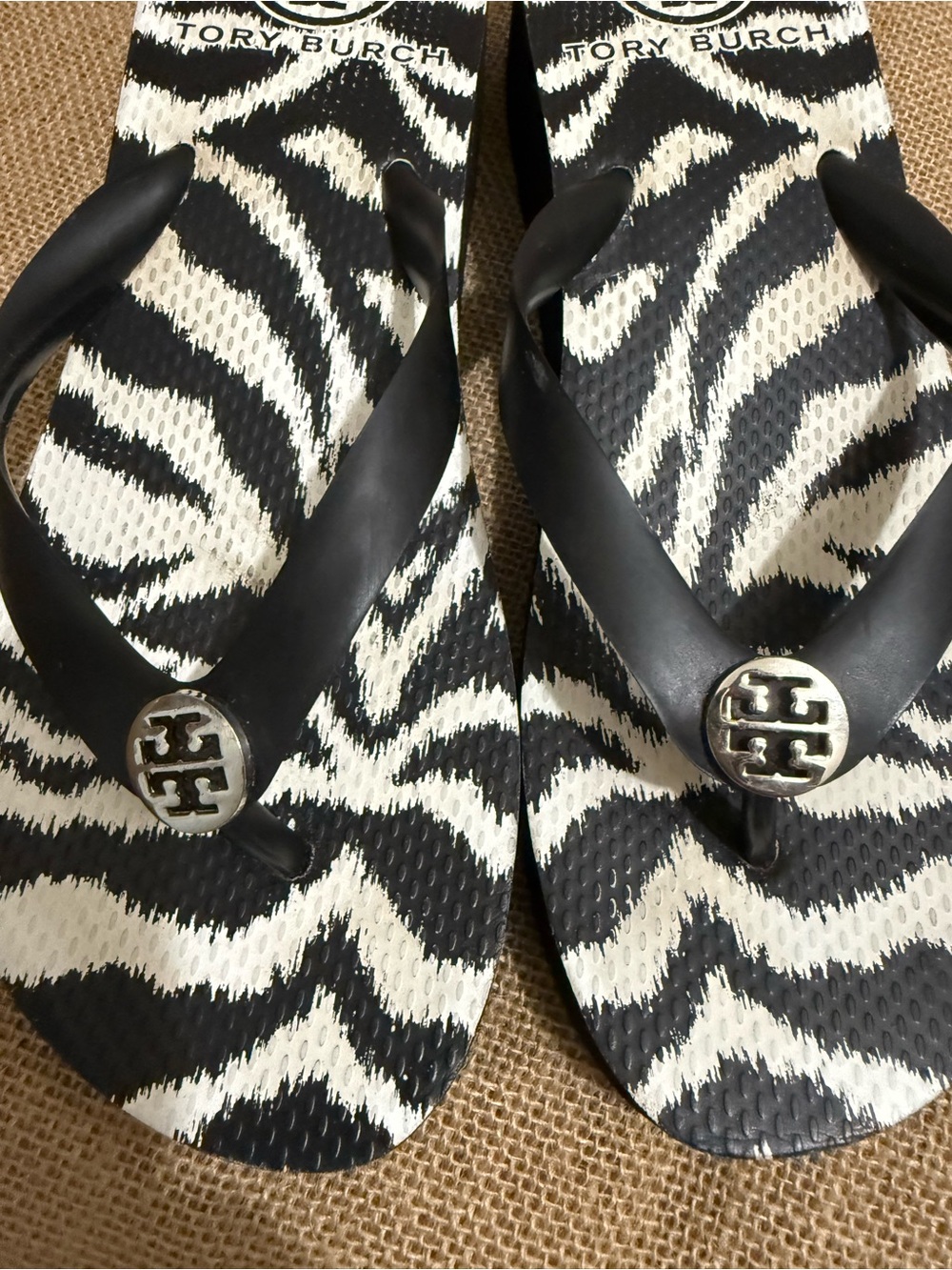 Tory Burch Wedge Black and White Zebra-Print Logo Flip Flops - Picture 3 of 6